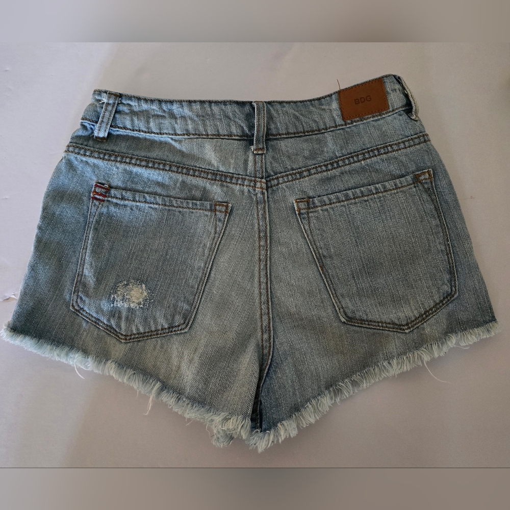 BDG High Rise Dree Cheeky Blue Distressed Jean Shorts Frayed Hem Size 27 - Picture 7 of 9